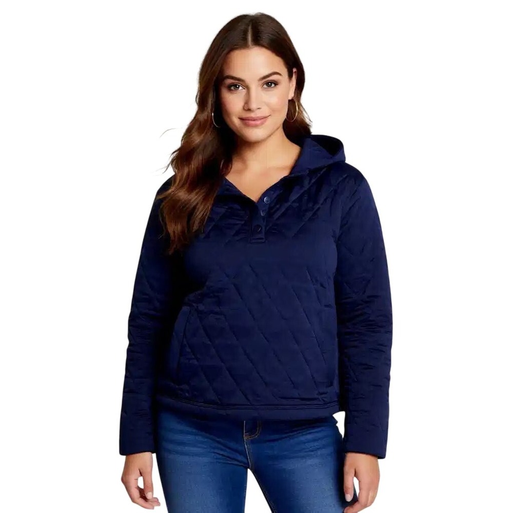 Lands End Womens Navy Blue Quilted Pullover Hoodie Snap Neck Sweatshirt L Nwt